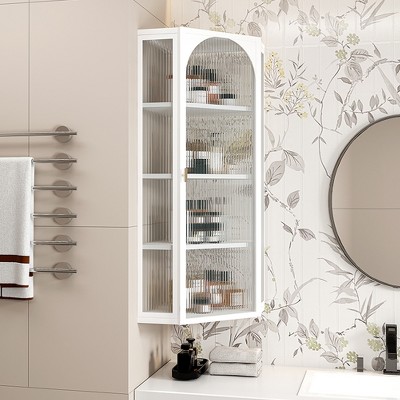 Bathroom Storage Corner Vanity Cabinet, Ribbed Glass Door 4 Internal Storage Racks, Space-Saving Storage Rack for Kitchen, Living Room, Bedroom White