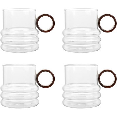 Elle Decor 12oz Coffee Mugs, Set of 4, Clear Glass Cups with Color Handle  for Espresso, Cappuccino, Latte, Tea, Milk, Amber Handle