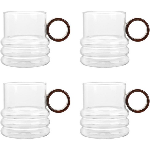 Elle Decor Set Of 4 Glass Coffee Mugs, Round Amber Handle, Made Of