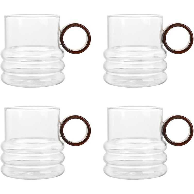Elle Decor Set of 4 Glass Coffee Mugs, Round Amber Handle, Made of Borosilicate Glass, 10-Oz, Clear, 1 of 4