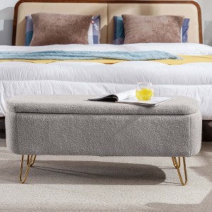 Grey Faux Fur Storage Bench for Bedroom with 4 Gold Metal Legs, Storage Ottoman Bench up to 220lb-330lb with Upholstered - 1 of 4