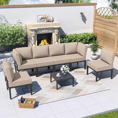 ALAULM Metal Patio Furniture Set Modern Metal Outdoor Conversation Sets w/45in Propane Fire Pit Table, Patio Sectional Sofa w/5 Inch Cushion