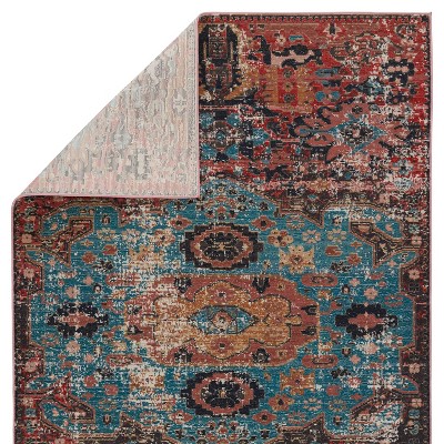 Enchanted Medallion 31'' Red and Teal Synthetic Indoor/Outdoor Runner Rug