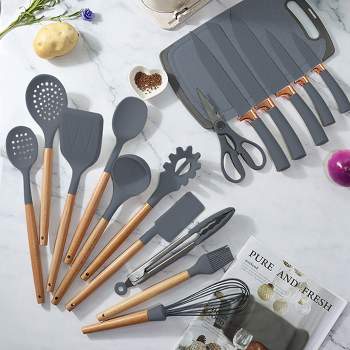 Maison Premium 19-Piece Coated Stainless Steel Cooking Utensils and Knife Block Set with Mini Cutting Board - Great In All Kitchens
