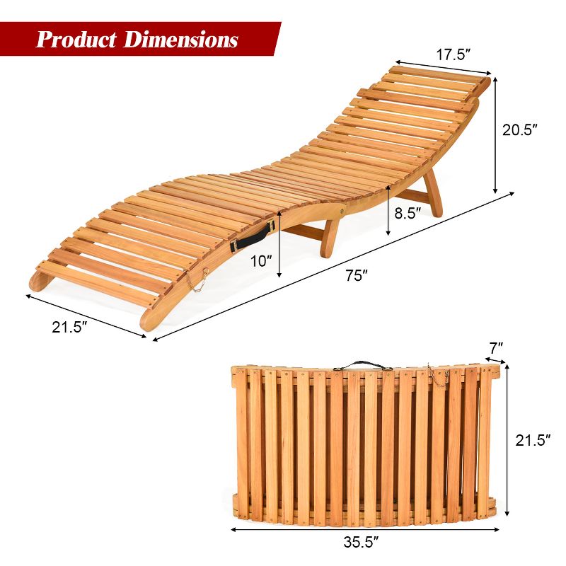 Costway Folding Wooden Outdoor Lounge Chair Chaise Red/White Cushion Pad Pool Deck, 2 of 10