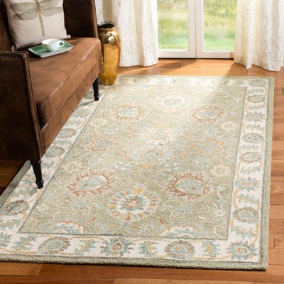 Ivory and Sage Floral Tufted Wool Area Rug 5' x 8'