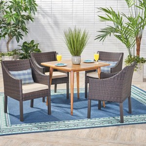 Christopher Knight Home Damas Outdoor Acacia Wood and Wicker 5 Piece Dining Set with Cushion - 1 of 4