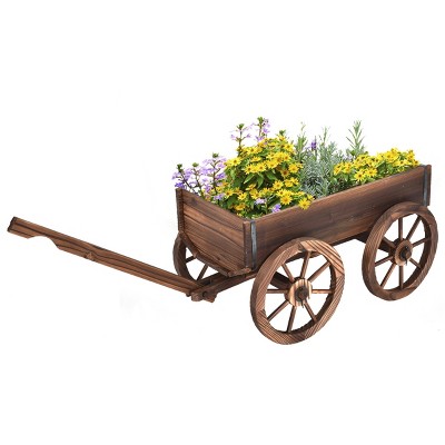Rustic Brown Wooden Wagon Planter with Wheels