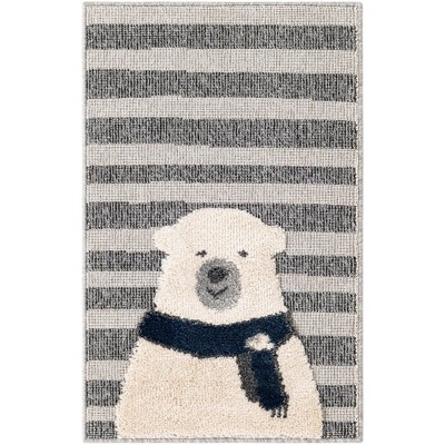 Gray and Ivory Rectangular Synthetic Kids Rug with Bear Design