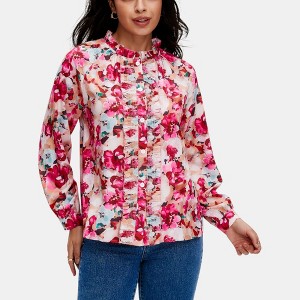 Knit & Lounge Women’s Ruffle Trim Floral Blouse Long Sleeve Button Front Lightweight Sheer Statement Top - 1 of 4