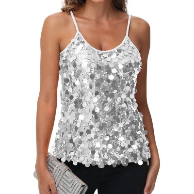 Anna-Kaci Women's Sequin Spaghetti Strap Tank Top with Iridescent Disc Accents