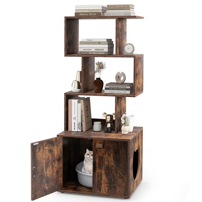Tangkula 56" Tall 2-in-1 Hidden Cat Washroom Furniture w/3 Open Shelves Side Entry Doors