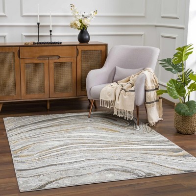 Liverpool Light Gray and Gold Marble Swirl Area Rug