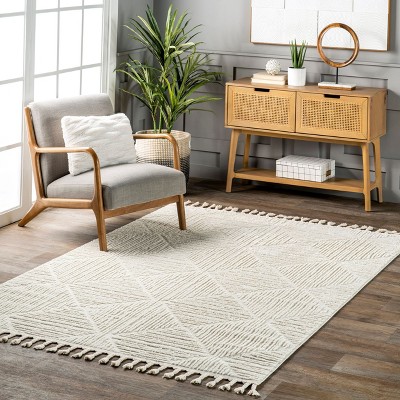 Cream Geometric Textured Synthetic Area Rug with Tassels, 7x9