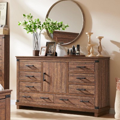 SinCiDo Farmhouse 8 Drawer Bedroom Dresser w/Adjustable Shelf, Thick Plank Design, Wood Closet Dresser for Bedroom, Living Room