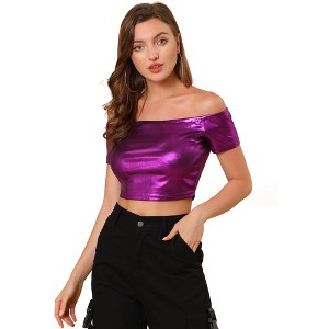 Allegra K Women's Off Shoulder Party Club Slim Fit Shiny Metallic Crop Top - 1 of 4