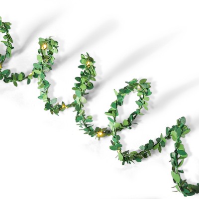 Everlasting Glow 10-Foot Long Green Boxwood Leaf Garland with Warm White LED Lights and Timer Feature (Set of 2)