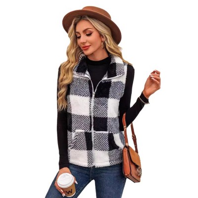 Women's Plaid Fleece Vest Stand Collar Sleeveless Waistcoat Jacket Soft Winter Layering Piece