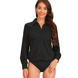 Allegra K Women's Collared Business Office Long Sleeves Bodysuit Work Leotard Shirt - 1 of 4