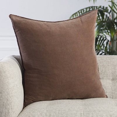 Dark Taupe Embroidered Square Throw Pillow with Fringe Trim