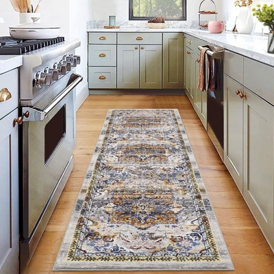 Faux Wool Vintage Floral Printed Area Rug Machine Washable Stain Resistant Non Shedding Floor Rug for Living Room Bedroom