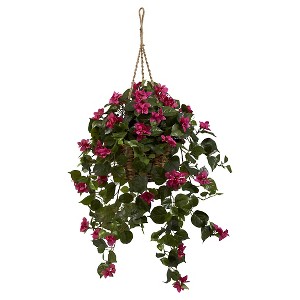 Nearly Natural Bougainvillea Silk Hanging Basket: Indoor Faux Floral Decor, Wicker Basket - 1 of 3