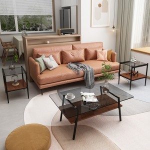 FONTOI Coffee Table Set of 3 with Glass Tabletop&Layer, Modern Table for Living Room Bedroom Office, Gray&Brown, 22.84"*16.73"*38.58" - 1 of 4