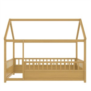 COWLOWN Twin Size House Frame Floor Bed with Roof & Fence Guardrails, Wooden Children's Bed for Play & Sleep - 1 of 4