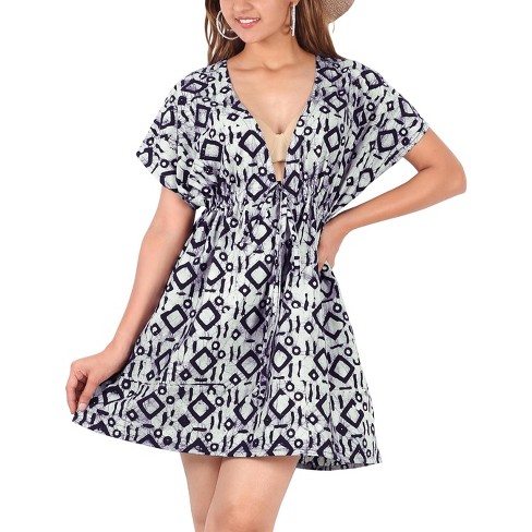 HAPPY BAY Women s Loose Mini Vacation Wrap Dress Beach Cover Up Summer Bathing Suit Bikini X Large XX Large Blue Shapes