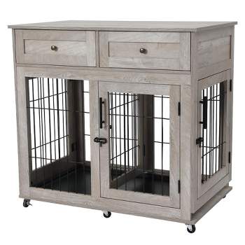 Dog Crate Furniture, Wooden Dog Kennel with Room Divider and Tray, Double Rooms Dog Cage, Wooden Dog Crate Table with 2 Drawers End Table