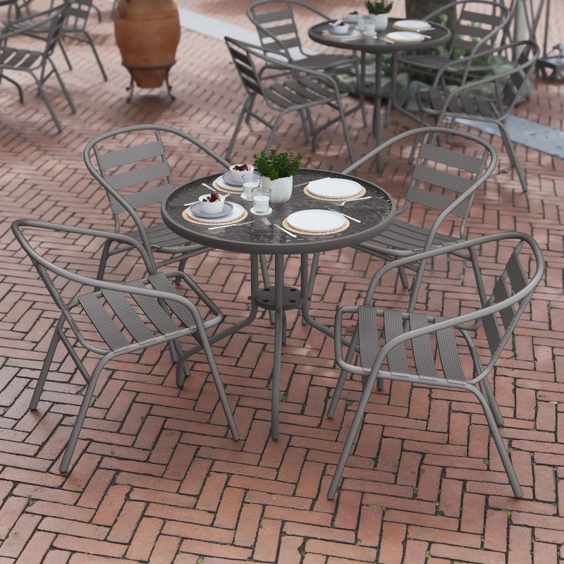 Flash Furniture Lila 31.5'' Round Glass Metal Table with 4 Metal Aluminum Slat Stack Chairs, 5 of 13