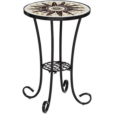 Teal Island Designs Modern Black Round Outdoor Accent Table 14" Wide Brown Sunburst Mosaic Tabletop for Porch Patio House Entryway