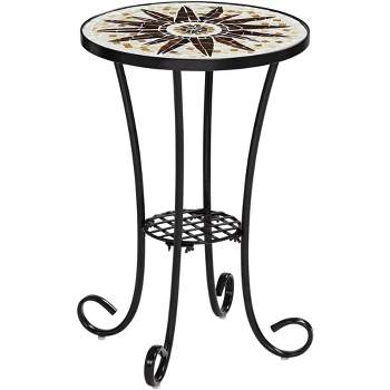 Teal Island Designs Modern Black Round Outdoor Accent Side Table 14" Wide Brown Sunburst Mosaic Tabletop for Front Porch Patio House
