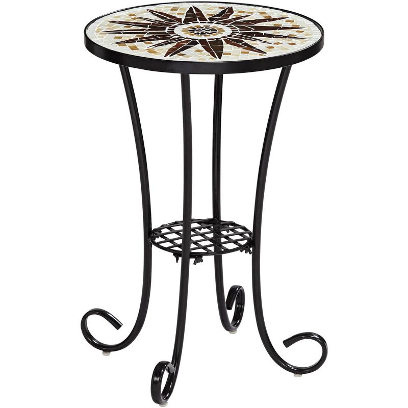 Teal Island Designs Modern Black Round Outdoor Accent Side Table 14" Wide Brown Sunburst Mosaic Tabletop for Front Porch Patio House, 1 of 9