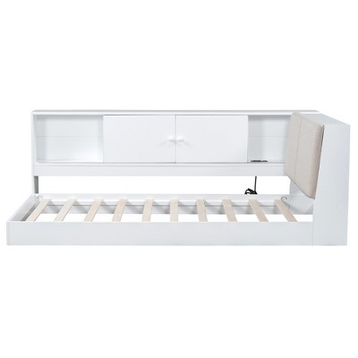 VYNXARIA White Wooden Twin Size L - shaped Daybed: Corner Bed with Storage, Upholstered Headboard & USB Ports for Small Spaces