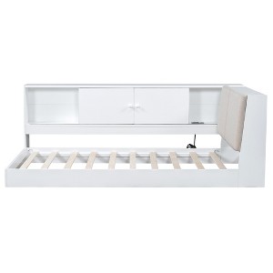 VYNXARIA White Wooden Twin Size L - shaped Daybed: Corner Bed with Storage, Upholstered Headboard & USB Ports for Small Spaces - 1 of 4