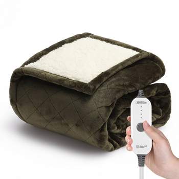 Sunbeam 50" x 60" Quilted Nordic Velvet Reverse Shearling Heated Throw Electric Blanket Olive