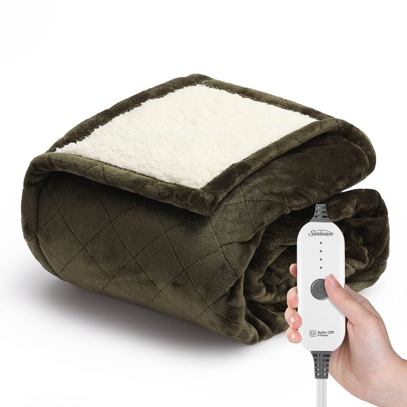 Sunbeam 50&#34; x 60&#34; Quilted Nordic Velvet Reverse Shearling Heated Throw Electric Blanket Olive, 1 of 9