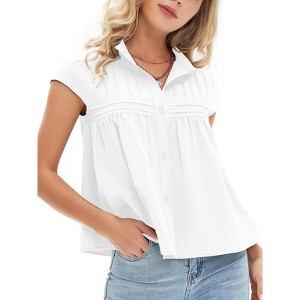 EXLURA Women's 2025 Summer Cap Sleeve Tops Loose Button Down Dress Shirt Casual V Neck Pleated Textured Work Blouse - 1 of 4