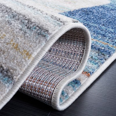 Ivory and Blue Geometric Medallion Synthetic Square Rug