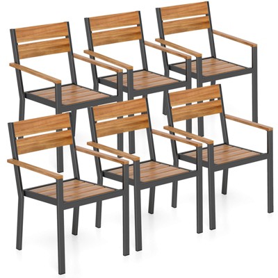 Tangkula Patio Dining Chair set of 6 w/ Heavy-duty Metal Frame 6 Acacia Armrest Stackable Chairs