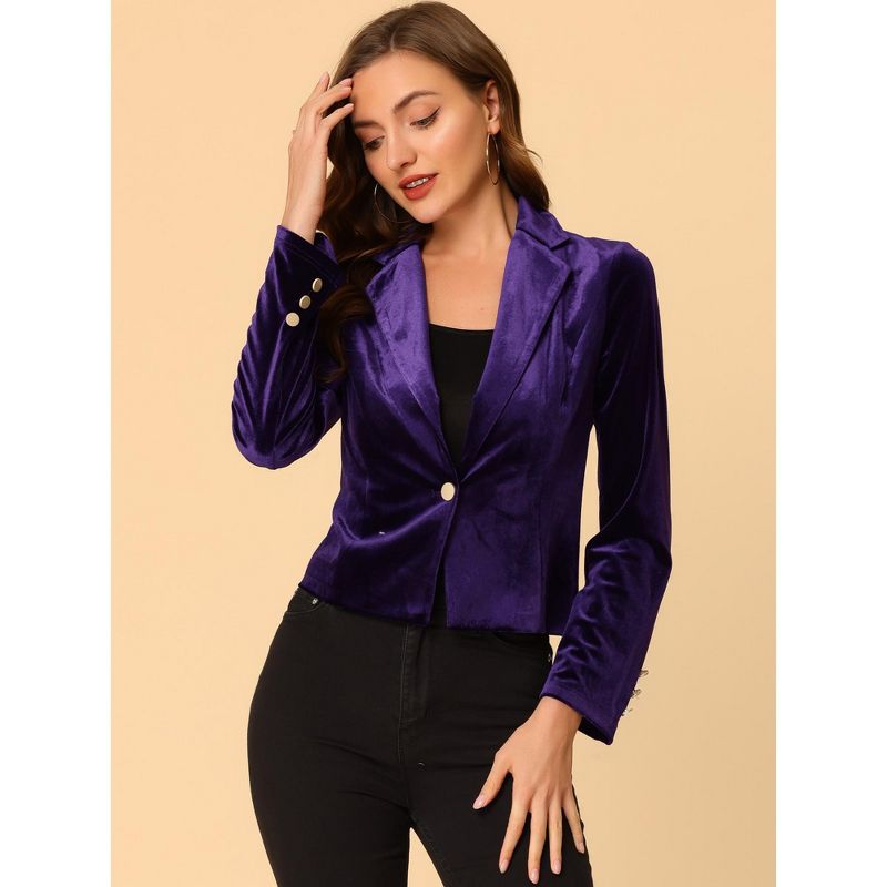 Allegra K Women's 1 Button Lapel Collar Business Office Crop Suit Velvet Blazer, 4 of 7