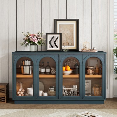 VYNXARIA 4-Door Arched Buffet Cabinet with Glass Doors & Adjustable Shelves in Navy ¨C Stylish Large Storage Solution for Any Space.