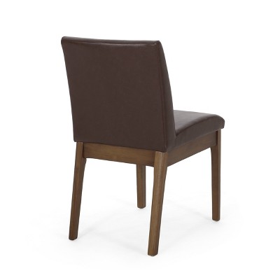 Dark Brown Faux Leather and Walnut Upholstered Side Chairs, Set of 2