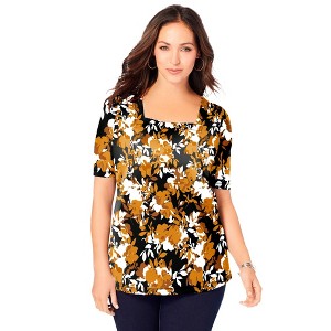 Jessica London Women's Plus Size Stretch Cotton Square Neck Tee - 1 of 4