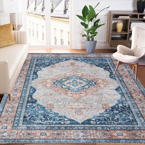 Vintage Distressed Area Rug for Living Room Traditional Medallion Stain Resistant Accent Rug, 5' x 7' Blue - 1 of 4