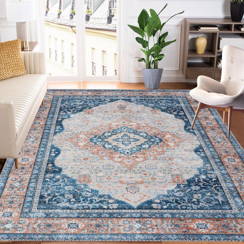 Vintage Distressed Area Rug for Living Room Traditional Medallion Stain Resistant Accent Rug, 5' x 7' Blue, 1 of 9