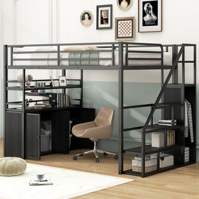 TIRAMISUBEST Full Size Loft Bed with Storage Staircase and Open Wardrobe, Metal Loft Bedframe with Storage Shelves and Lockers