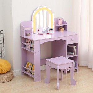 Girl Vanity with Lights,Kid Vanity Table and Chair Set for Princess,Toddler Makeup Vanity Desk with Open Bookshelf,Storage Cabinet&Side Shelves - 1 of 4
