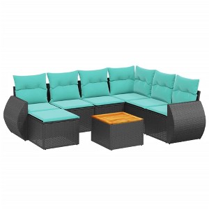 vidaXL 8 Piece Garden Sofa Set with Cushions Black Poly Rattan - Black corner + 3x middle + 2x sofa + table + footrest - 1 of 4